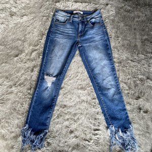 Kancan Mid Rise Fringe Hem Ankle Skinny Jeans Womens 3/25 Blue Denim
